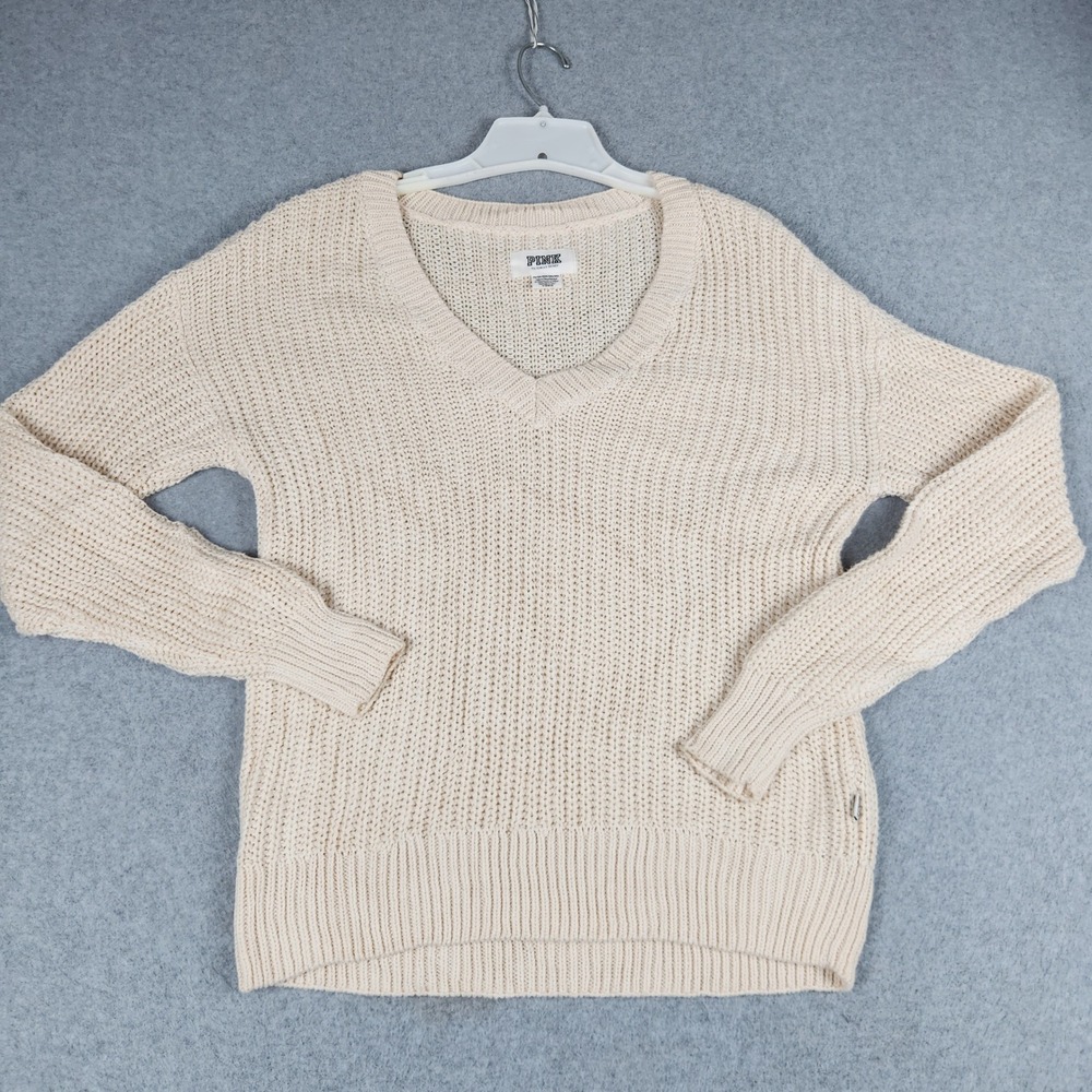 PINK Victoria's Secret Sweater Womens XS Beige Chunky Open Knit V Neck Pullover